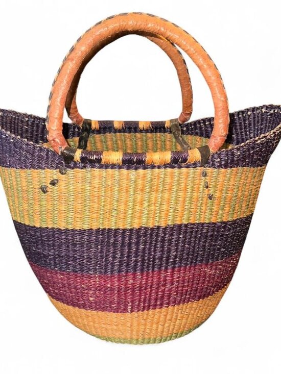 Bolga African Basket Multicolor Large with Leather Handles - Picture 2 of 7